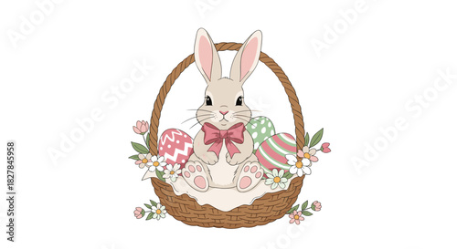 Adorable Easter bunny with a pink bow sitting in a brown wicker basket surrounded by colorful decorated eggs and spring flowers.