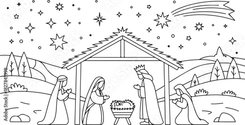 Linear Christmas nativity shows Baby Jesus with Mary, Joseph, and the Three Kings
