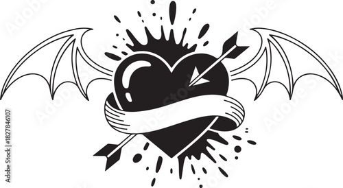 Monochrome heart with angel wings and arrow features a ribbon and splatter graphic