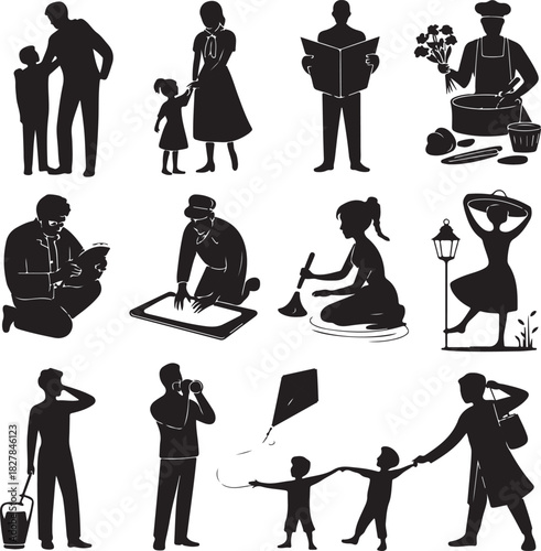 Silhouettes of People in Various Activities Representing Community and Lifestyle