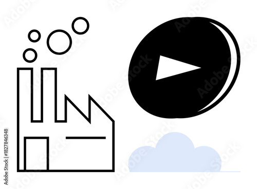 Factory emitting fumes represented with bubbles alongside a bold play button floating above a light cloud. Ideal for industry, pollution, media, production, environmental awareness, sustainability