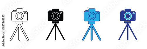 Four diverse camera icons on tripods, symbolizing photography and videography, perfect for design assets.