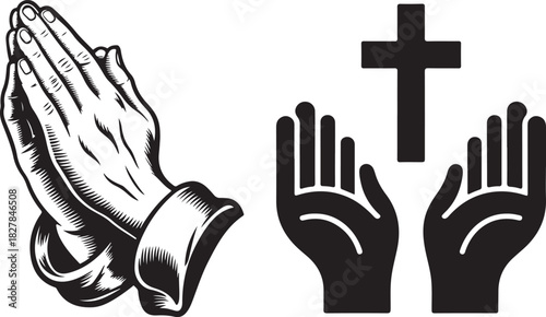 shows hands folded in prayer and two hands raised with a cross
