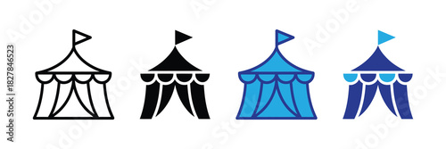 Circus tent icons in outline, solid black, and blue color variations, representing entertainment and events.