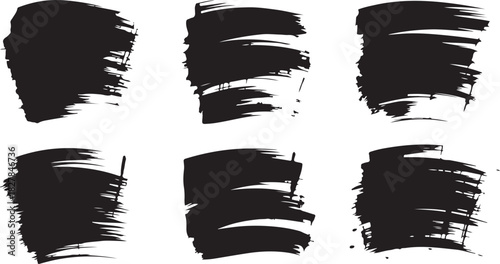 Six unique black brush strokes are arranged against a stark white background on a transparent surface