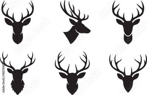 Six various black silhouette representations showcase a deer head and antlers with transparent background
