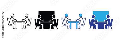 Two figures sitting at a table, interacting in a business meeting, interview, or collaboration, represented by icons.