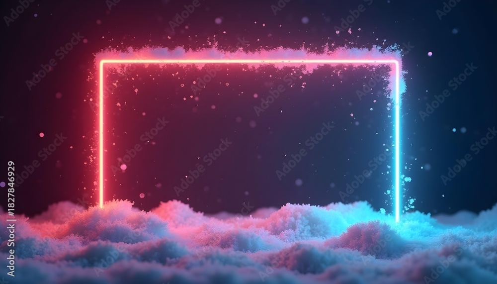 Fototapeta premium glowing neon frame with soft snow particles, minimal holiday background, clean modern tech aesthetic, vivid colors, dark atmospheric backdrop.