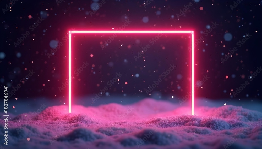 Fototapeta premium glowing neon frame with soft snow particles, minimal holiday background, clean modern tech aesthetic, vivid colors, dark atmospheric backdrop.