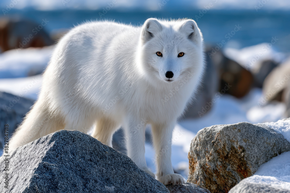 Obraz premium Arctic Fox Standing on Rocks Near Water