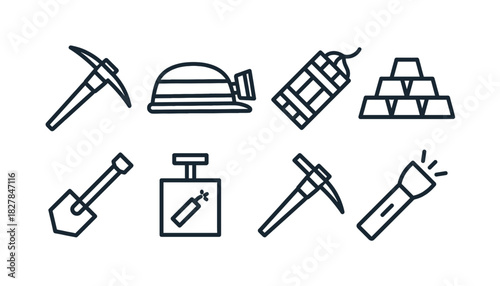 Mining, Gold Rush, and Excavation Line Icon Set: Pickaxe, Safety Helmet, Dynamite, Gold Bars, Shovel, Detonator, and Flashlight for Industry and Mineral Resources