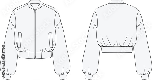 cad drawing flat vector illustration, technical fashion sketch, puff sleeve jacket, zip front design, garment template, apparel construction