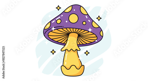 Magical purple cartoon mushroom with yellow spots glows with sparkles in a whimsical and vibrant fantasy illustration on a light background.