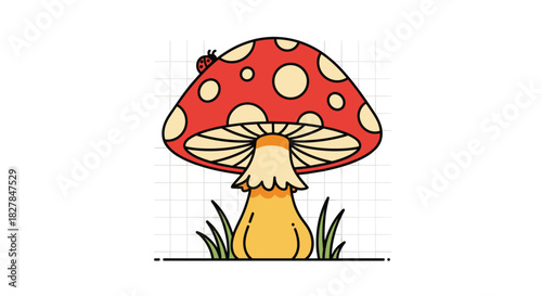 Cute cartoon red amanita mushroom with white spots and a small ladybug on top is depicted in a simple colorful illustrative style.