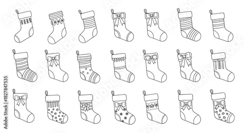 Collection of various christmas stocking outlines with different patterns like bows stripes and dots for holiday coloring pages or design elements.