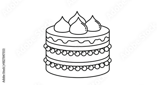 Simple black and white line art illustration of a delicious layered celebration cake with decorative frosting perfect for a coloring page.