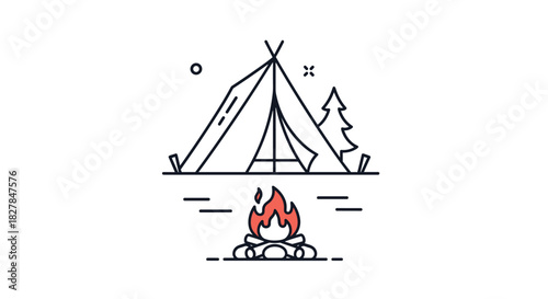 Minimalist line art icon of a cozy campsite scene with a tent and a warm campfire burning in a forest setting for an adventure logo.
