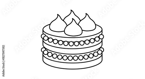 Black and white outline icon of a two-tiered celebration cake with piped frosting and bead decorations ready for coloring or design.