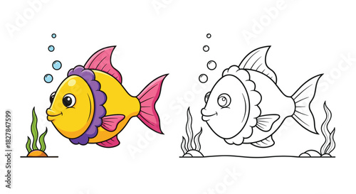 Cute yellow and pink cartoon fish character is shown with a black and white line art version for a children's coloring book page.