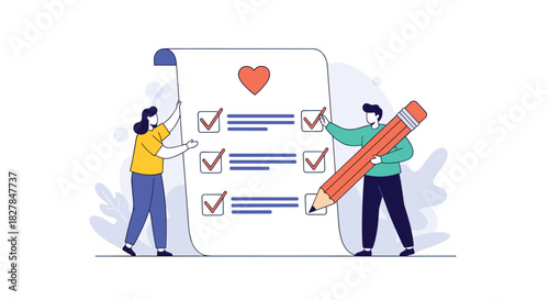A flat vector illustration of a couple working together to check off items on a large to-do list with a heart symbol at the top.