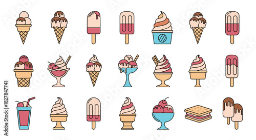 A delicious collection of various ice cream treats in a colorful cartoon style including cones sundaes popsicles and an ice cream sandwich.