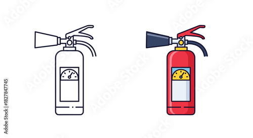 A red fire extinguisher icon for safety and emergency preparedness is shown in both a full-color flat style and a simple outline version.
