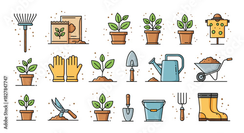 A colorful set of gardening tools and equipment icons including a rake shovel watering can and potted plants for a springtime theme.