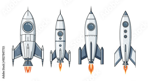 A collection of four different cartoon rocket ships blasting off with fire from their engines for a space exploration or science theme.