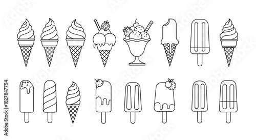 A large set of various ice cream icons in a clean black and white outline style including different cones popsicles and sundaes.