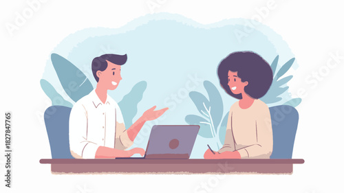 A simple illustration of two people casually discussing work