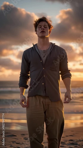 A young man sitting cross-legged on a beach at sunset, eyes closed and face relaxed, meditating peacefully