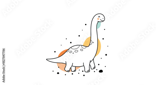 A cute and simple doodle of a smiling dinosaur with abstract colorful spots and shapes in the background for a children's illustration.