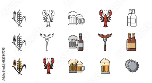 A set of beer and snack icons for Oktoberfest or a pub menu shown in outline color and flat styles including lobster and sausage.
