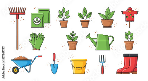 A colorful collection of essential gardening tools and supplies including a wheelbarrow watering can potted plants and rubber boots.