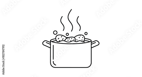 Minimalist line art icon of potatoes boiling with steam rising from a cooking pot in a simple black and white vector drawing.