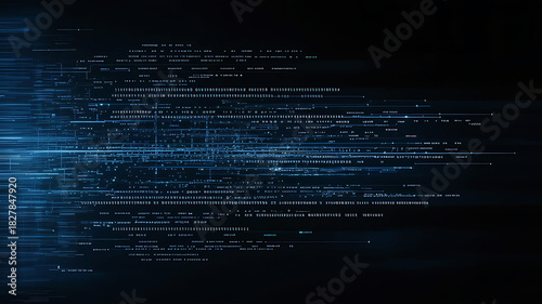Abstract data stream visualization representing digital information processing with glowing lines and characters against a dark background