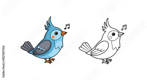 Cute cartoon blue bird singing a song with musical notes shown in a full color version and a black and white coloring book outline.