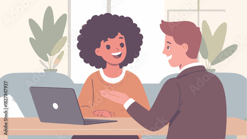 A simple illustration of two office workers discussing work issues on their laptop