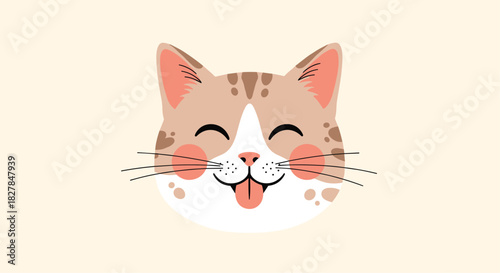 Extremely happy and cute cartoon cat face with rosy cheeks smiling and sticking its tongue out in a playful vector illustration.