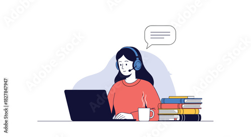 Young woman with headset studying online or working as a call center agent at her desk with a laptop and a stack of books.