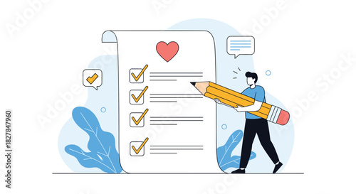 Man with a giant pencil completing a self-care checklist or to-do list with a heart icon symbolizing personal well-being.