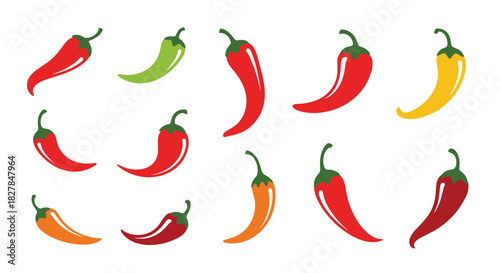 Collection of colorful chili pepper icons in various shapes and shades including red green and yellow for spicy food concepts.