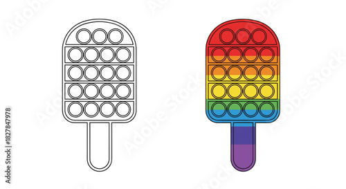 Pop-it fidget toy in the shape of an ice cream bar with rainbow colors for stress relief and a black and white outline version.