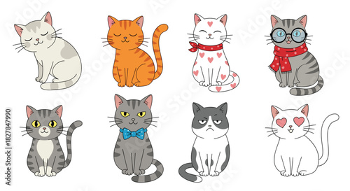 Set of eight adorable and funny cartoon cat characters with different colors and emotions including happy grumpy and in love.