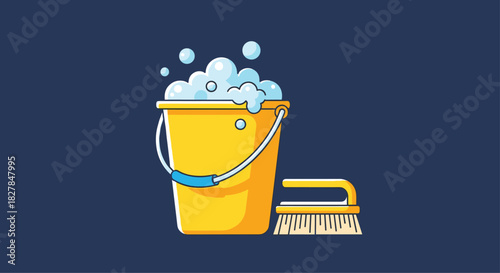 Yellow cleaning bucket filled with soap foam and bubbles next to a scrub brush against a dark blue background vector illustration.