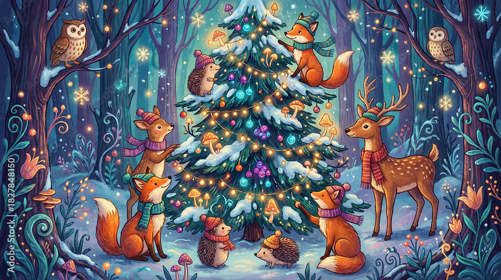Obraz premium Woodland Creatures' Christmas Celebration in a Magical Forest