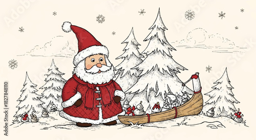 Santa Claus standing in a snowy forest with his sleigh full of gifts.