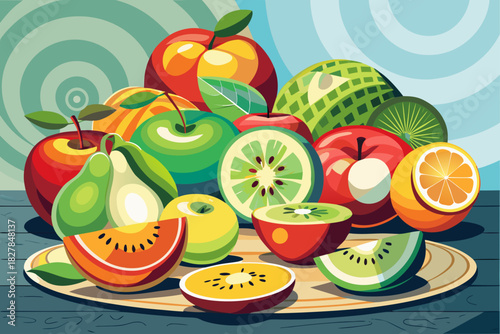 Assorted and bright sliced ​​apples and kiwi fruits are arranged on a stylish table, highlighting the healthy fresh freshness and nutritious food concept.