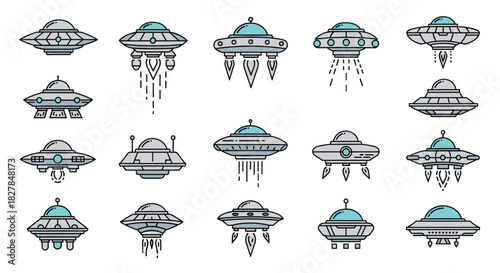 Large set of various UFO and flying saucer icons with different designs in a modern flat line art style with turquoise accents.