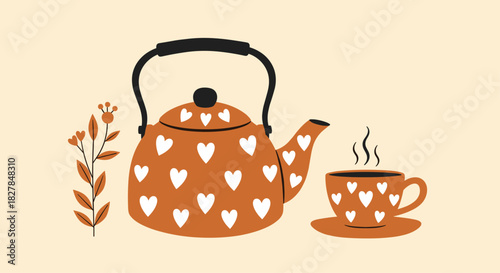 Cozy illustration of a vintage teapot and a steaming cup decorated with white hearts next to a floral branch for tea time.
